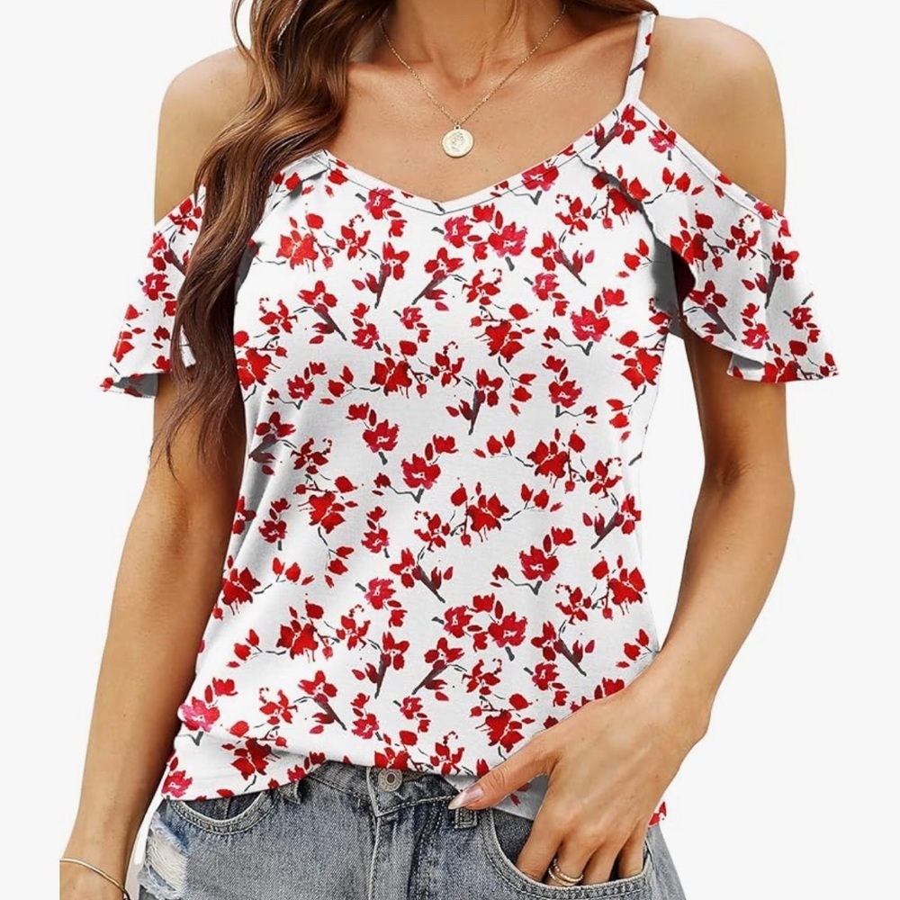 NWT Blingfit Womens Short Ruffle Sleeve Cold Shoulder Basic Tee Floral Top